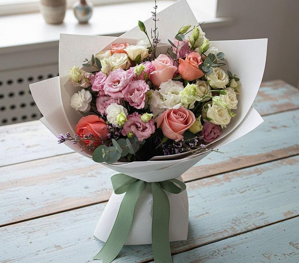 Букет цветов из: Розы, Лизиантусы и Гвоздики в Лимане